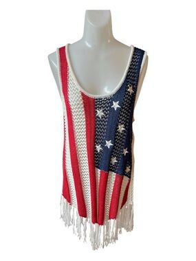 Cloud Chaser American Flag Knit Fringe Swim Cover Up- Red White Blue size L